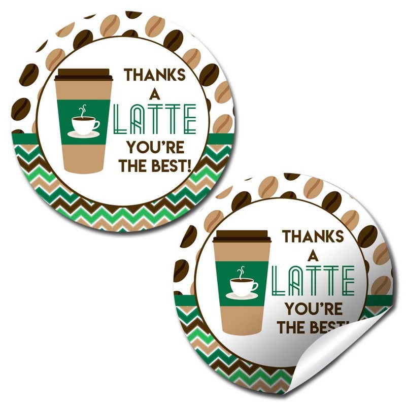 Amanda Creation Thanks A Latte Theme 40 Thank You Sticker Labels 2" Party Circle Stickers, Kids Party Stationery Set, Fun Coffee Cup Design for Favors, Envelope Seals & Goodie Bags, Made in USA by Amanda Creation - Image 1
